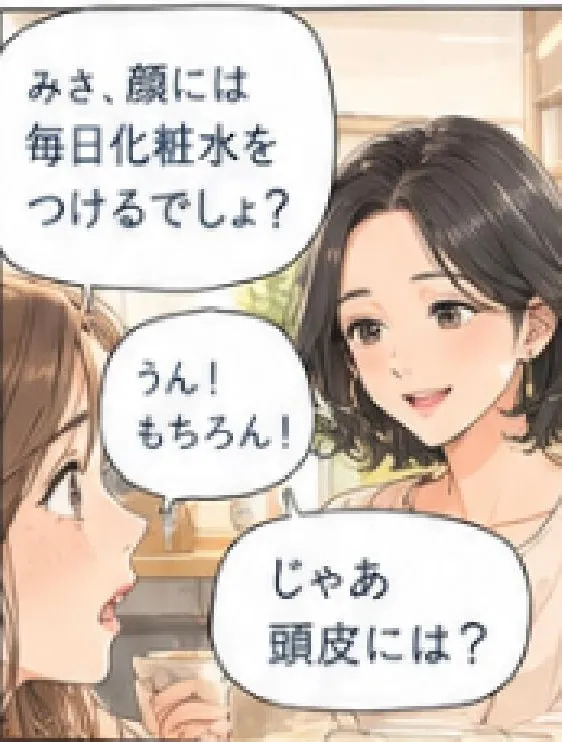 「みさ、顔には毎日化粧水をつけるでしょ?」「うん!もちろん!」「じゃあ頭皮には?」
