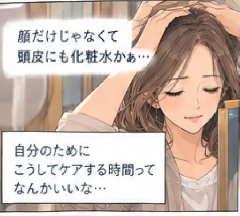 顔だけじゃなくて頭皮にも化粧水かぁ… 自分のためにこうしてケアする時間って、なんかいいな…